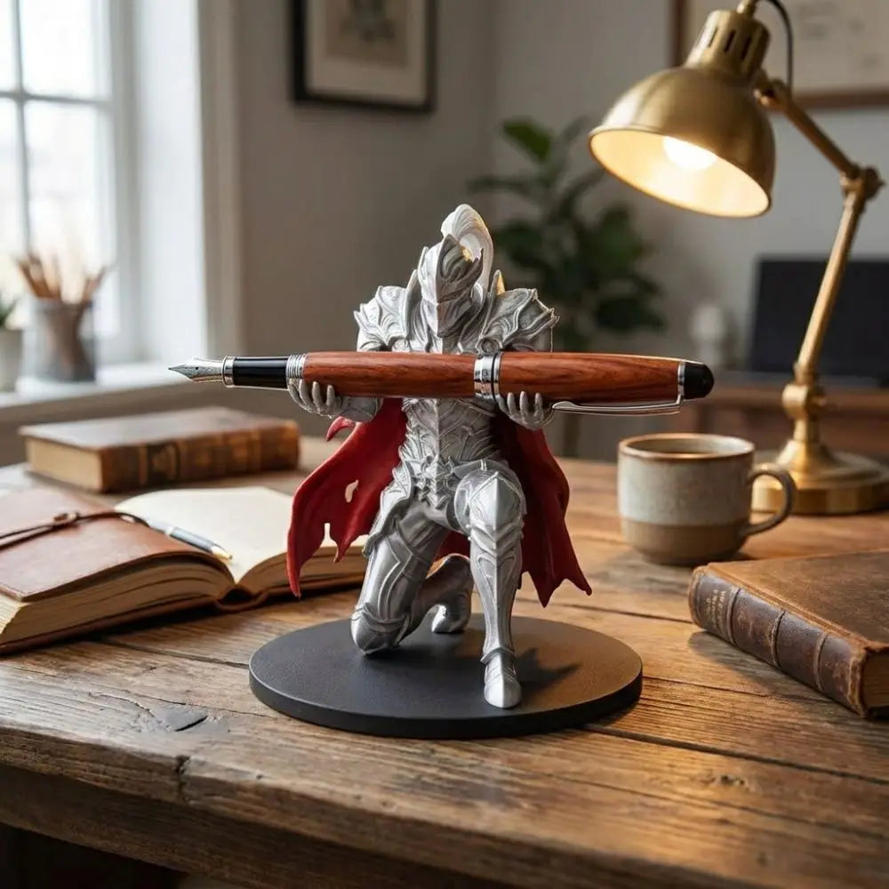 A 3D printed knight figurine in silver armor holding a pen, displayed on a wooden desk next to books and a brass lamp.