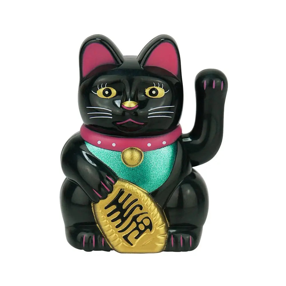 A black and pink animated fortune cat decor figurine with a gold plate detail.