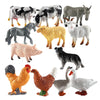 A collection of mini farm animal figurines including cows, horses, pigs, and various poultry like chickens and geese.