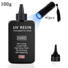 A black bottle of UV resin formulated for artists with a dropper and a small amount of liquid light