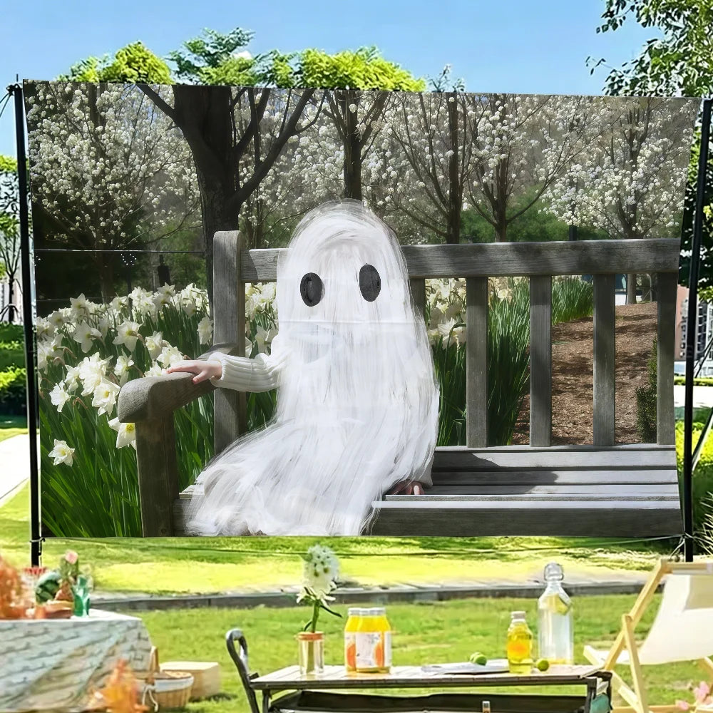 Album art tapestry featuring a ghostly white figure in a natural outdoor setting.