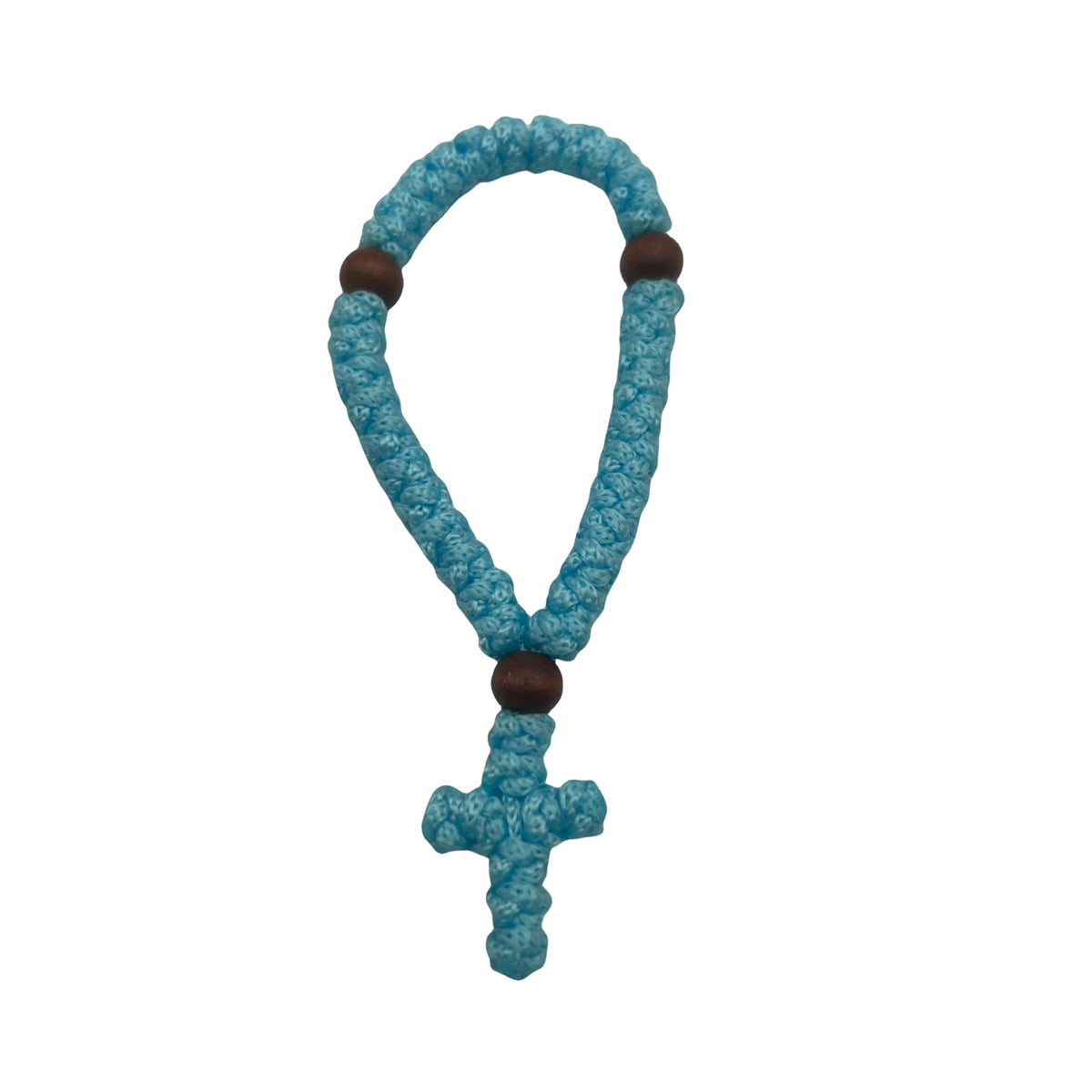 Handmade 33-knot Orthodox prayer rope with a cross charm in light blue.