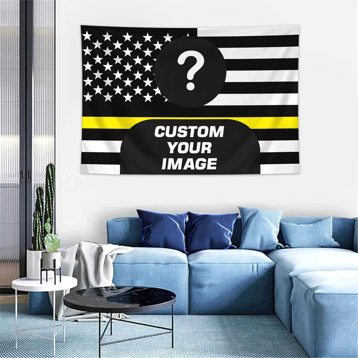 A custom photo American flag tapestry displayed on a wall above a blue sofa.