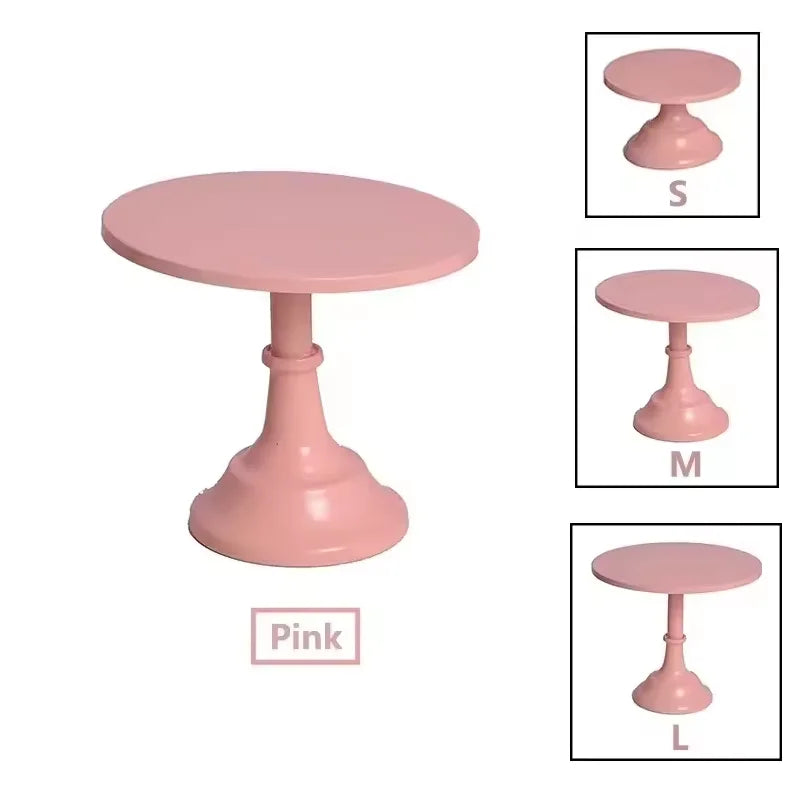 Pink metal cake stand with three sizes labeled S, M, and L.