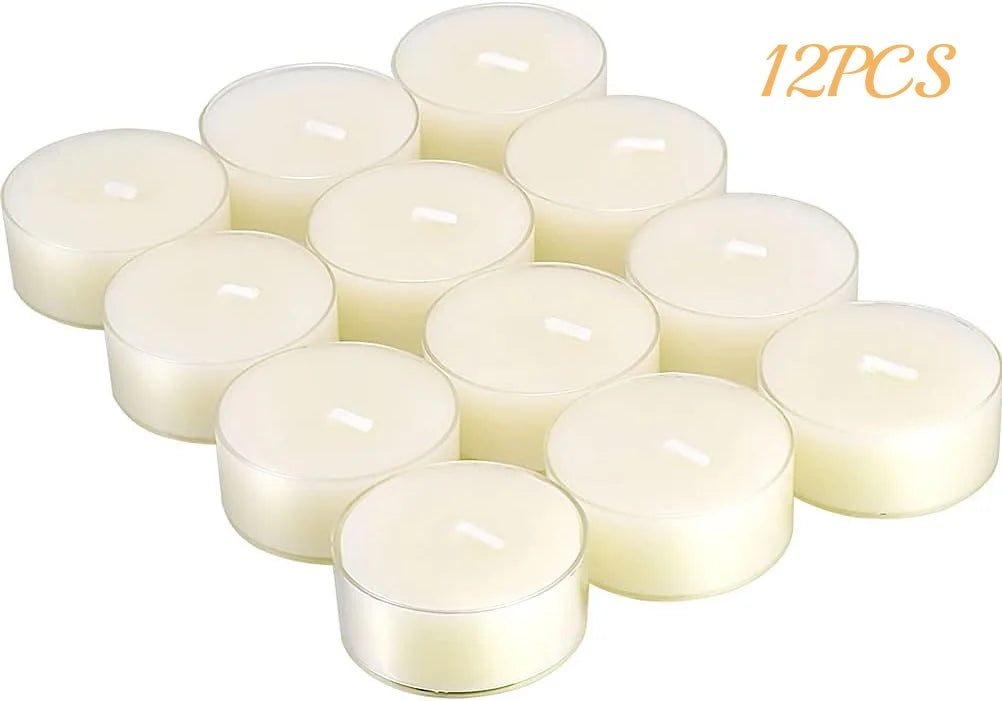 Twelve natural beeswax tealight candles in white wax are displayed on a white background.