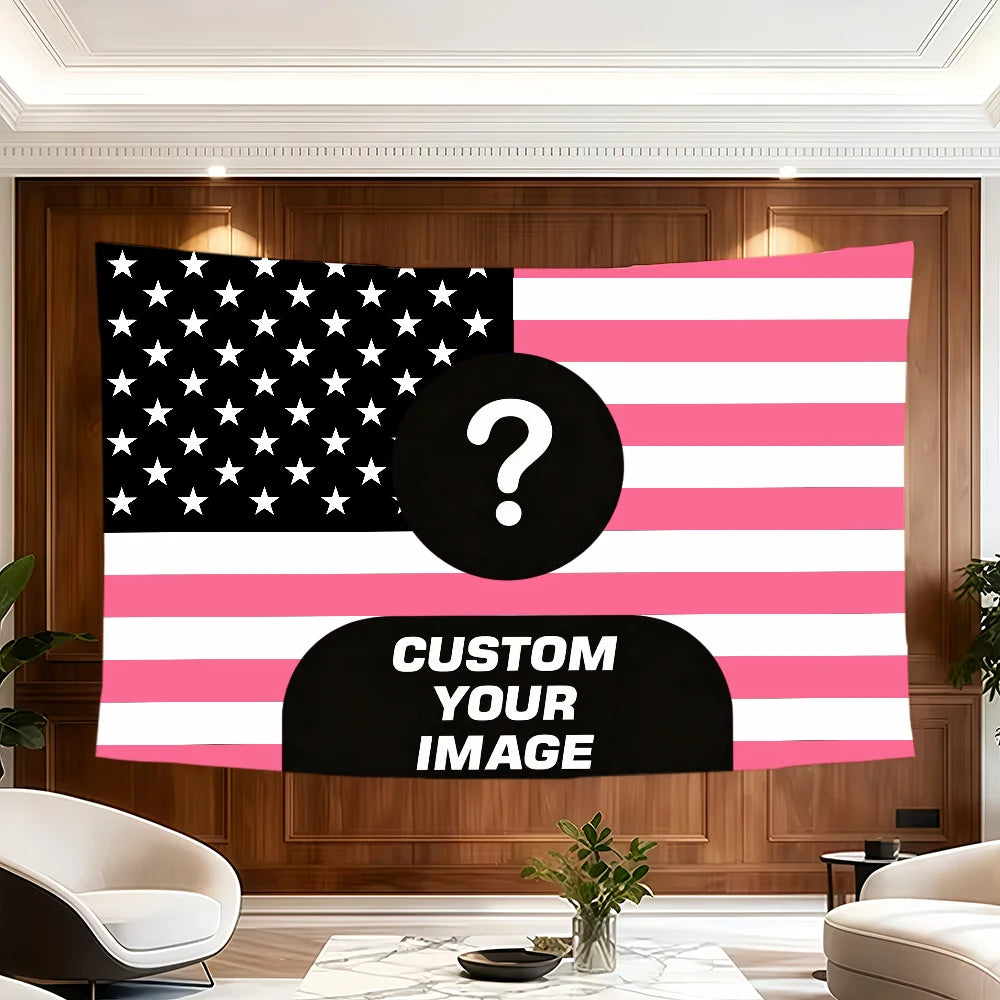 A large tapestry featuring a patriotic design with stars and stripes in black, white, and pink.