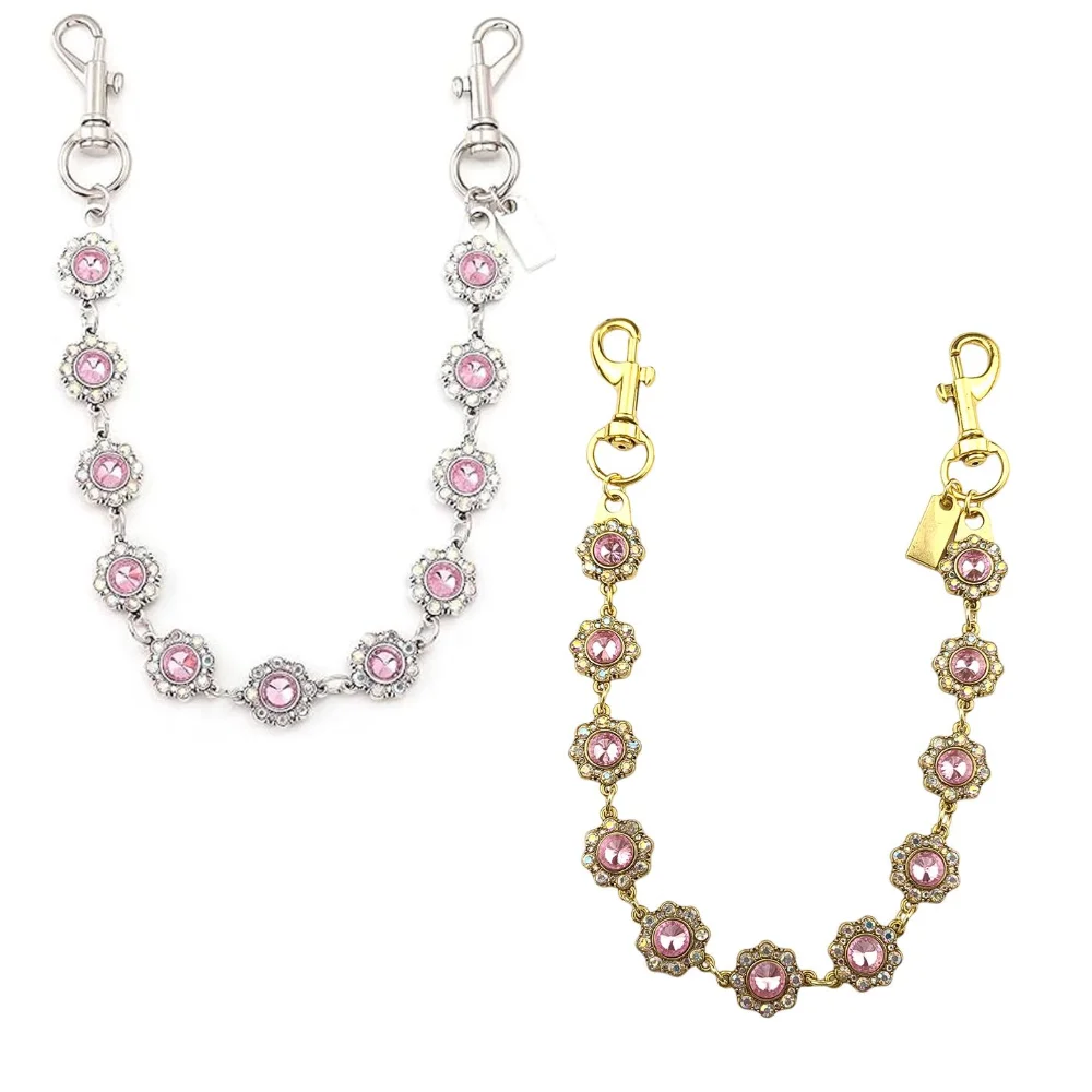 Silver paperclip chain bag strap with pink floral accents and lobster clasps