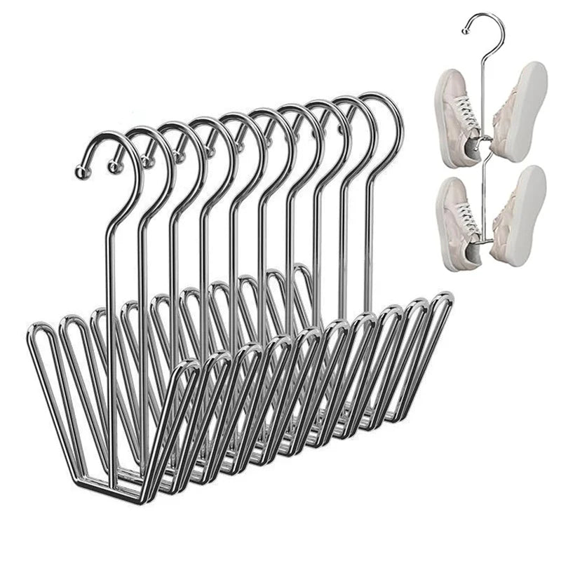 Stainless steel hanging shoe organizer with double hook for shoes