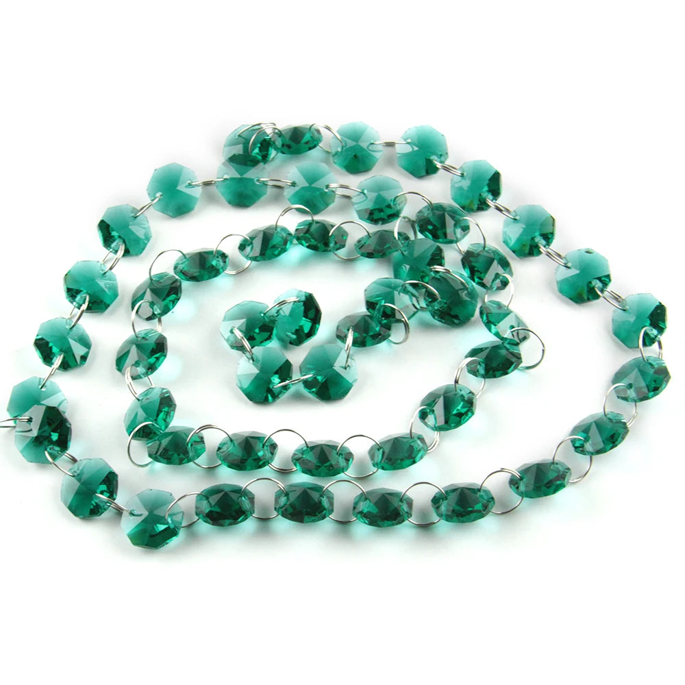 A strand of green crystal glass octagon beads used for home decor.