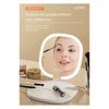 A round LED folding makeup mirror is shown illuminating a woman's face for close-up viewing.