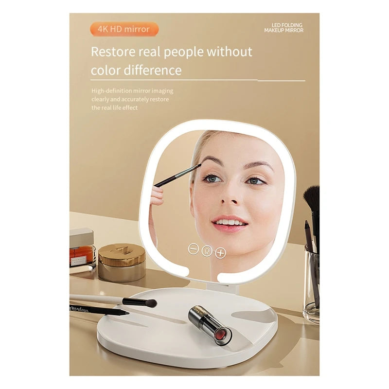 A round LED folding makeup mirror is shown illuminating a woman's face for close-up viewing.