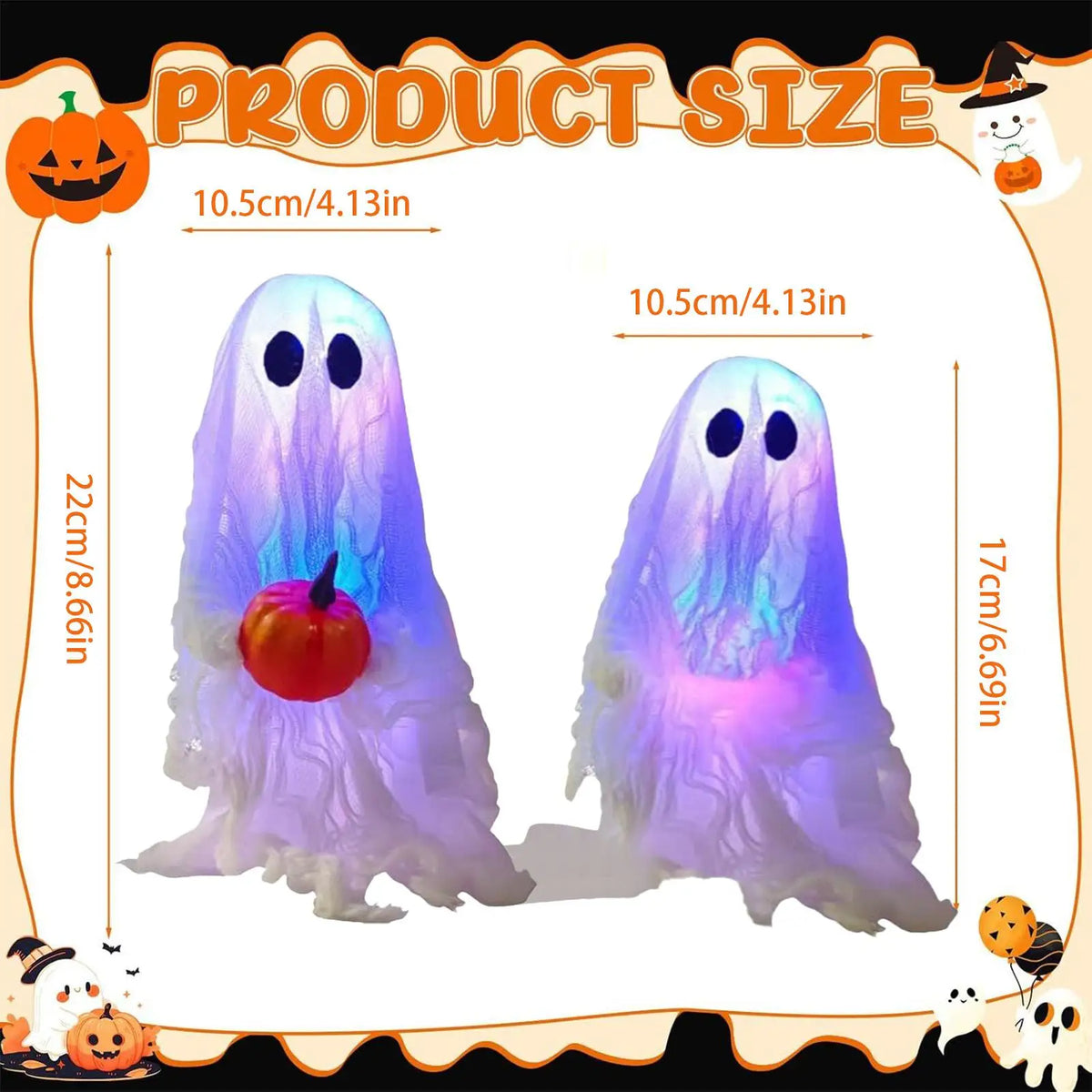 A pair of glowing purple and blue ghostly figures used as Halloween decorations.