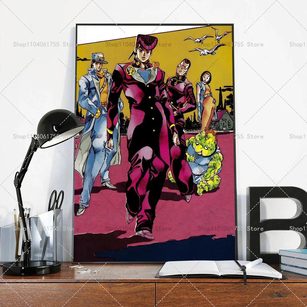 A vertical poster featuring characters from JoJo's Bizarre Adventure anime in vibrant colors against a dark background.