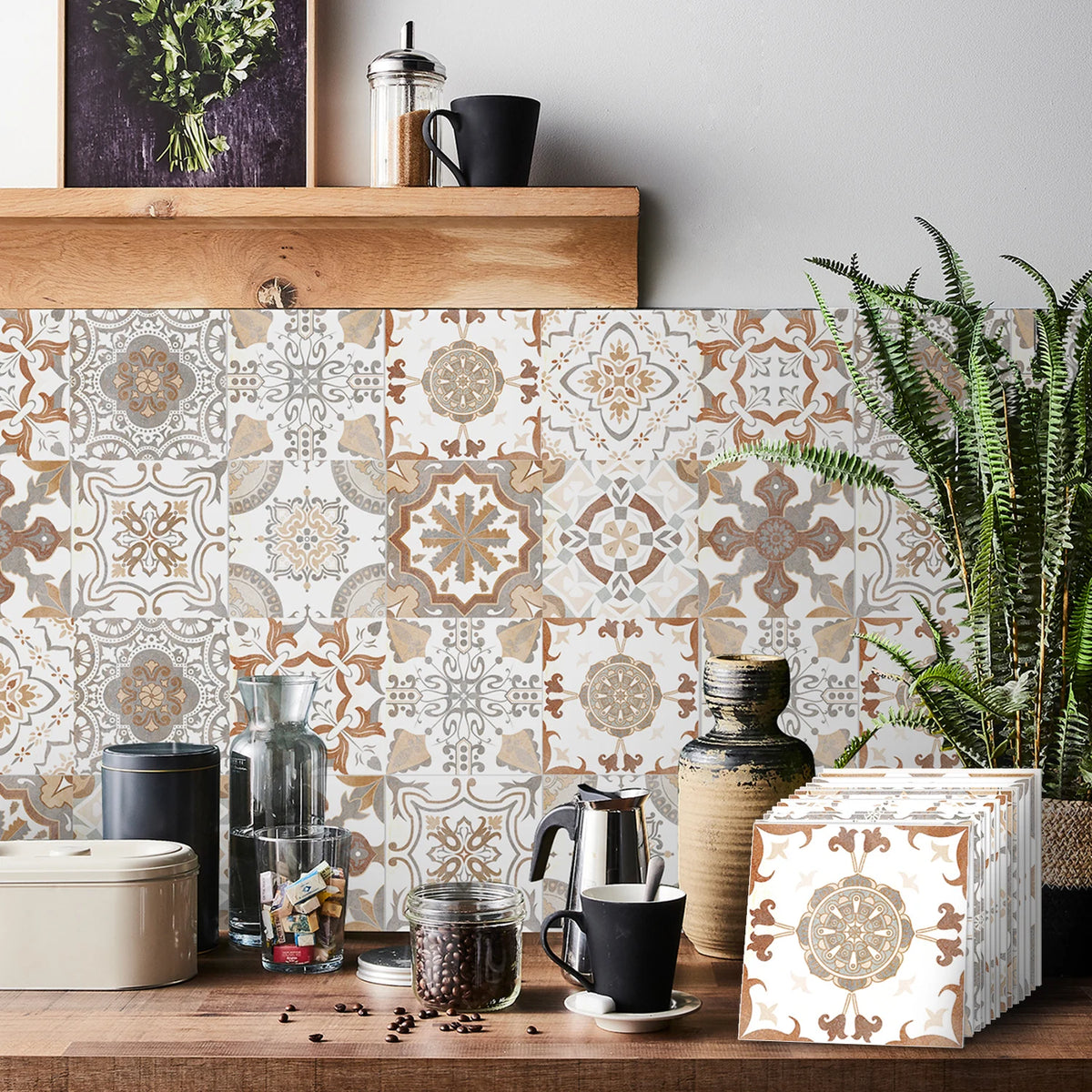 A rustic kitchen countertop displays self-adhesive tile wall stickers and various glass jars against a patterned backsplash.