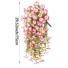 A vertical display of a durable artificial morning glory garland featuring pink and green flowers.