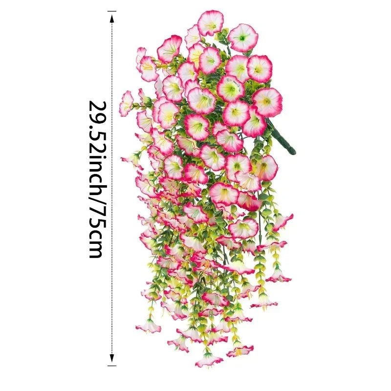 A vertical display of a durable artificial morning glory garland featuring pink and green flowers.