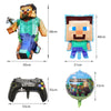 A kit featuring a LEGO minifigure, a Minecraft-themed face, and a balloon shaped like the word Minecraft.