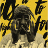 A black and white portrait of Tupac with hands covering his face against a bright yellow background.