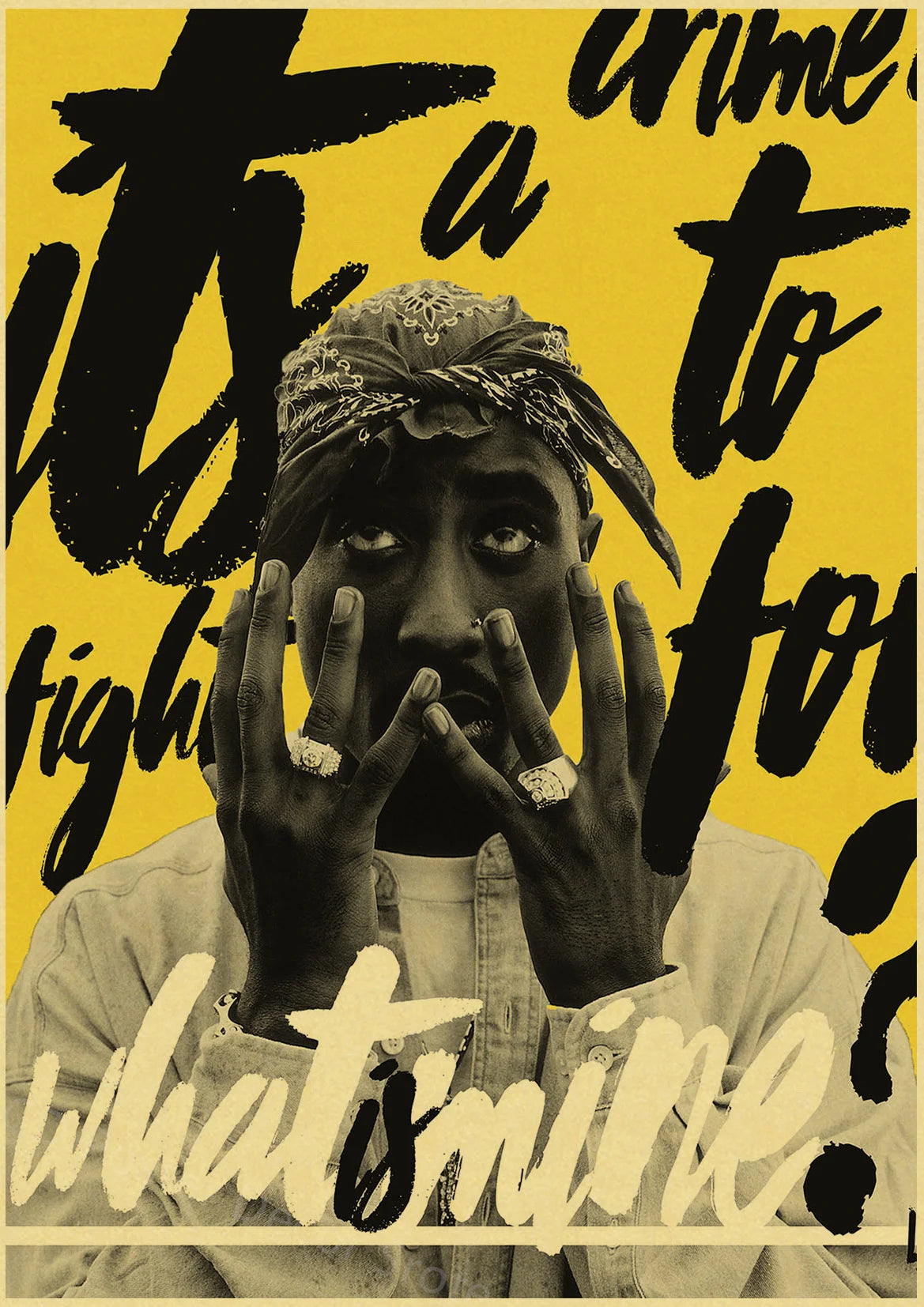 A black and white portrait of Tupac with hands covering his face against a bright yellow background.