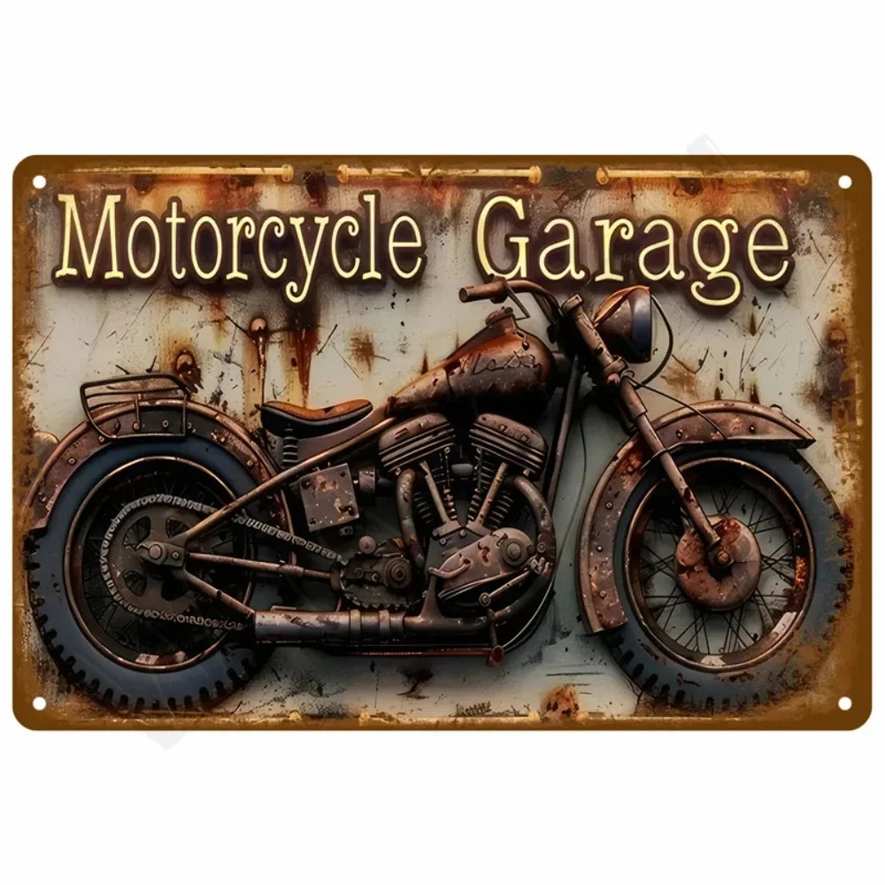 A vintage rusted metal sign depicting an old motorcycle for garage or bar decor.