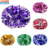 A collection of colorful pom poms including purple, red, gold, and blue varieties.
