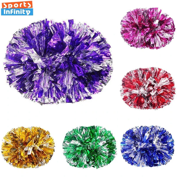 A collection of colorful pom poms including purple, red, gold, and blue varieties.