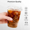 A hand holds a clear plastic cup filled with iced tea, demonstrating its sturdy and leak-free qualities.