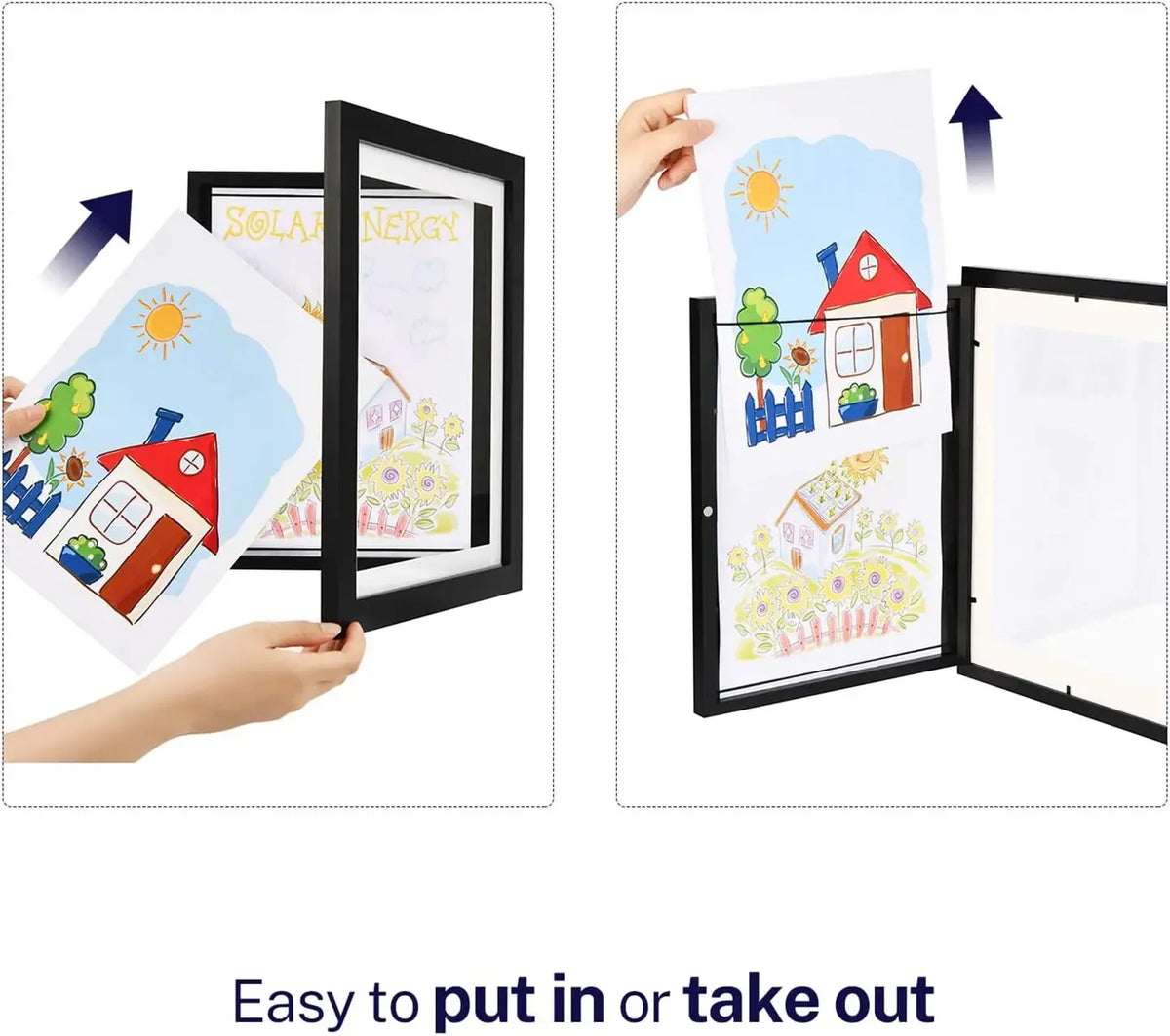 A magnetic front-open frame displaying a solar energy theme art poster with a house and sun.