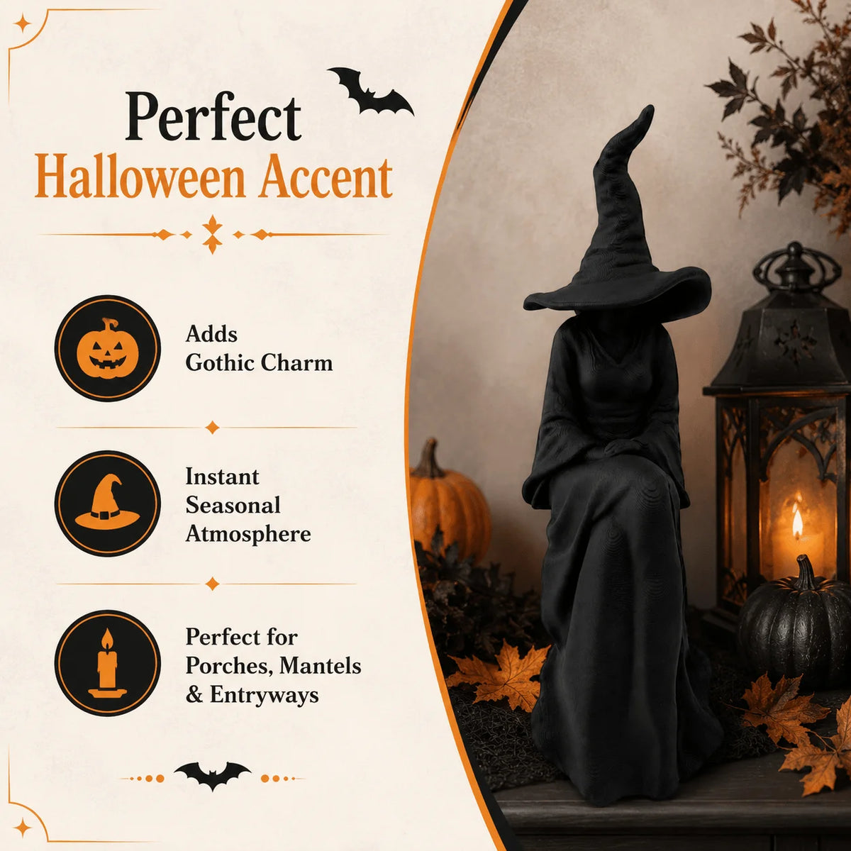 A black witch figurine with a pointed hat and cloak decorates an entryway or porch setting.