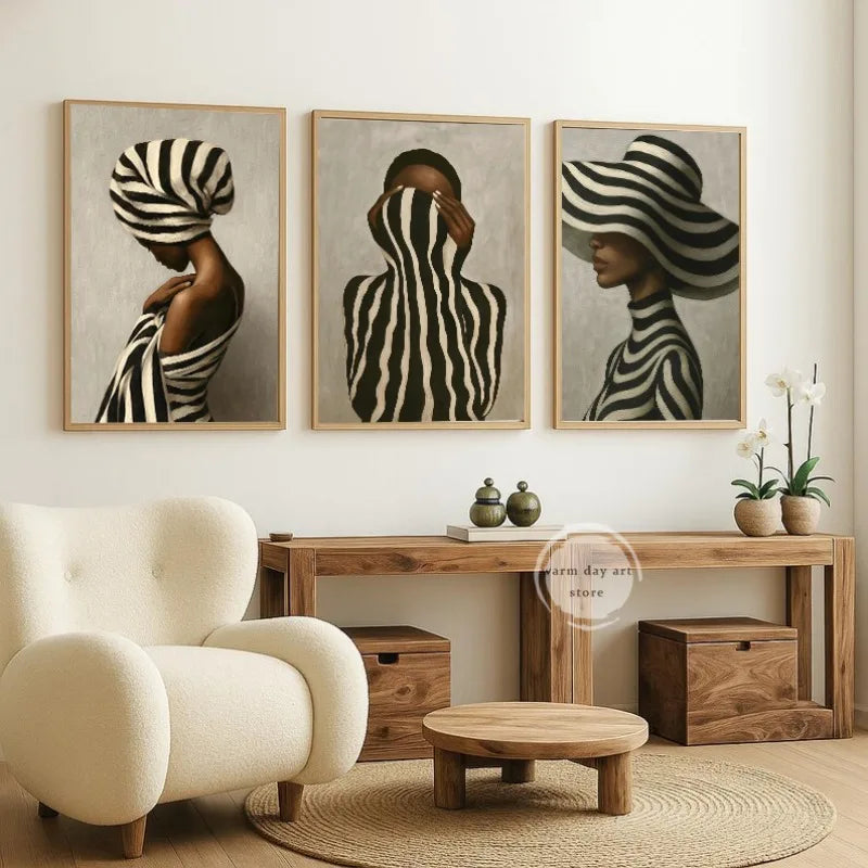 Abstract African Woman Canvas Art – Black & White Striped Print