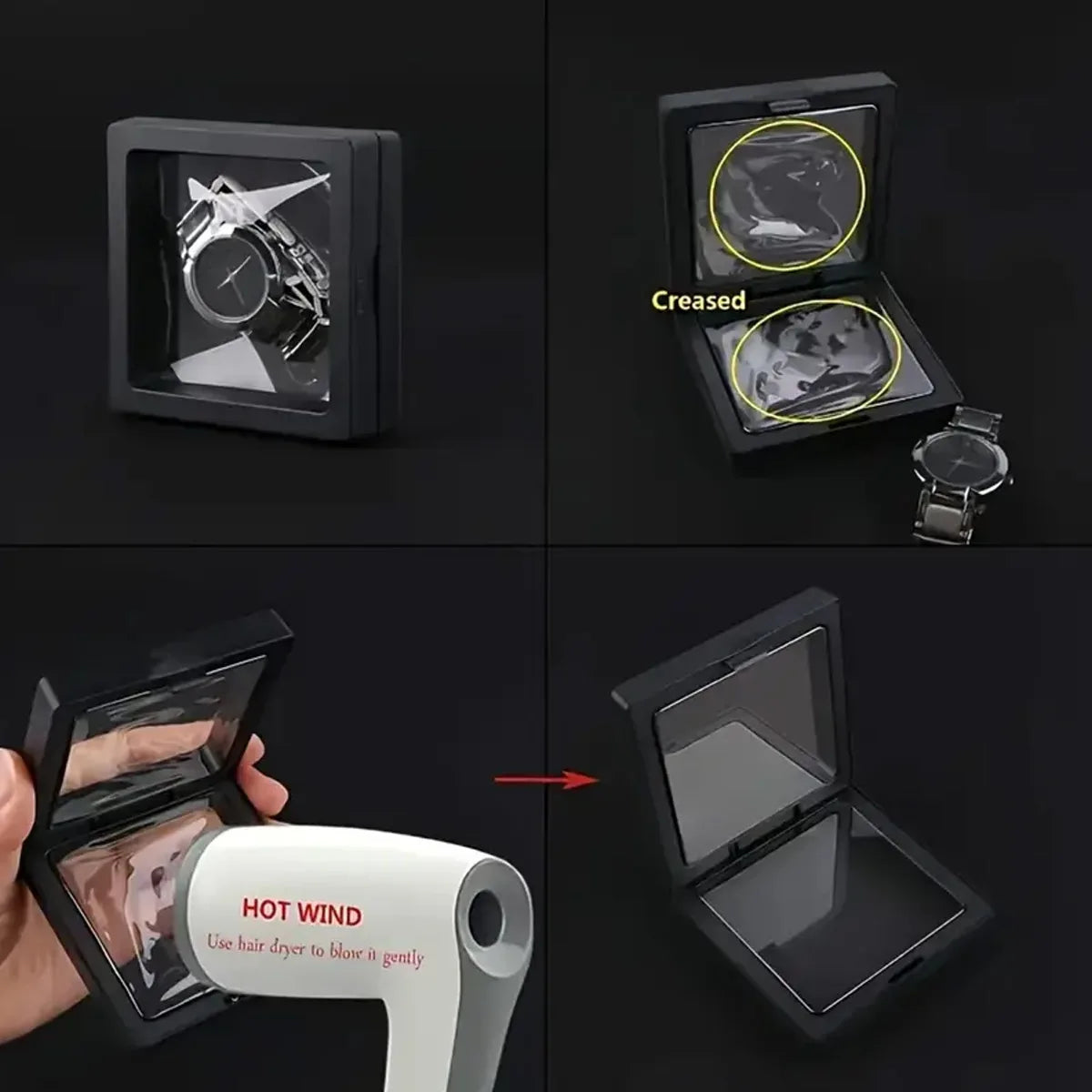 A transparent floating display box for a watch is shown, demonstrating its creased and opened state.