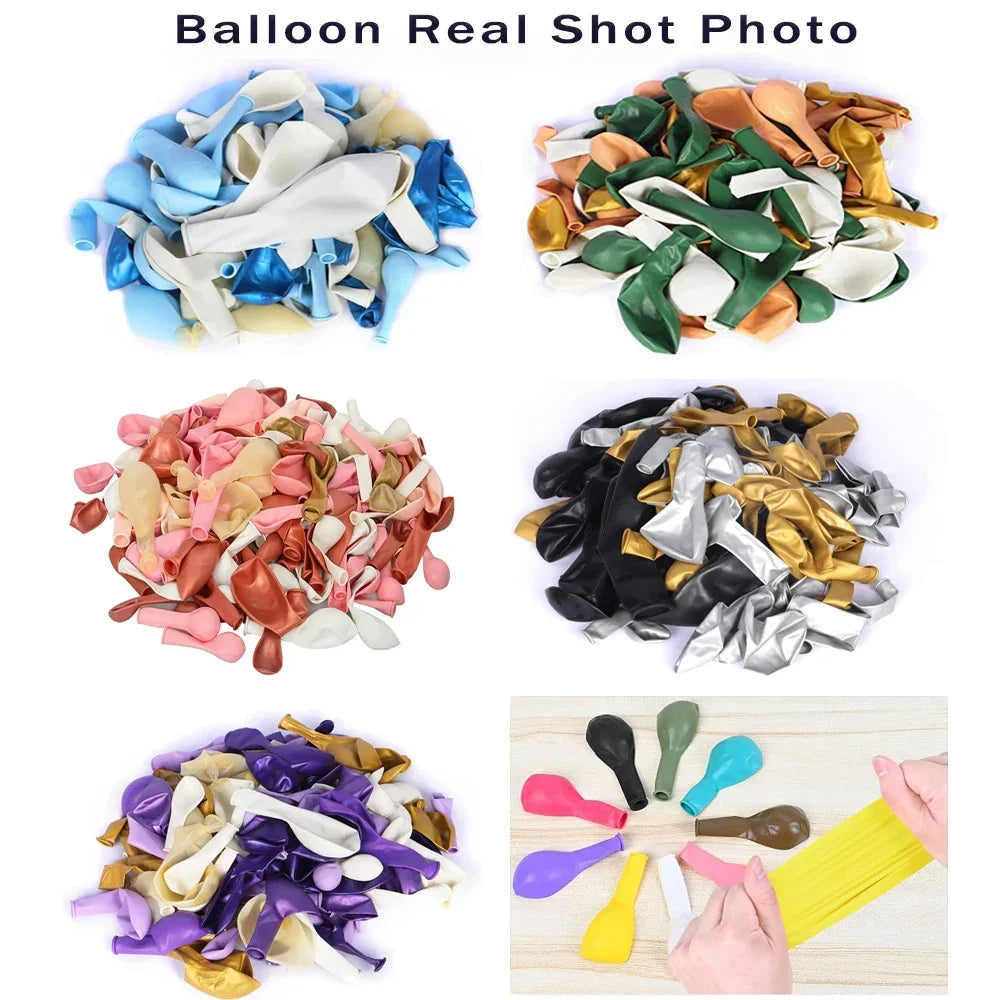 A collection of foil balloons in various colors including blue, white, gold, green, black, silver, purple, and yellow.
