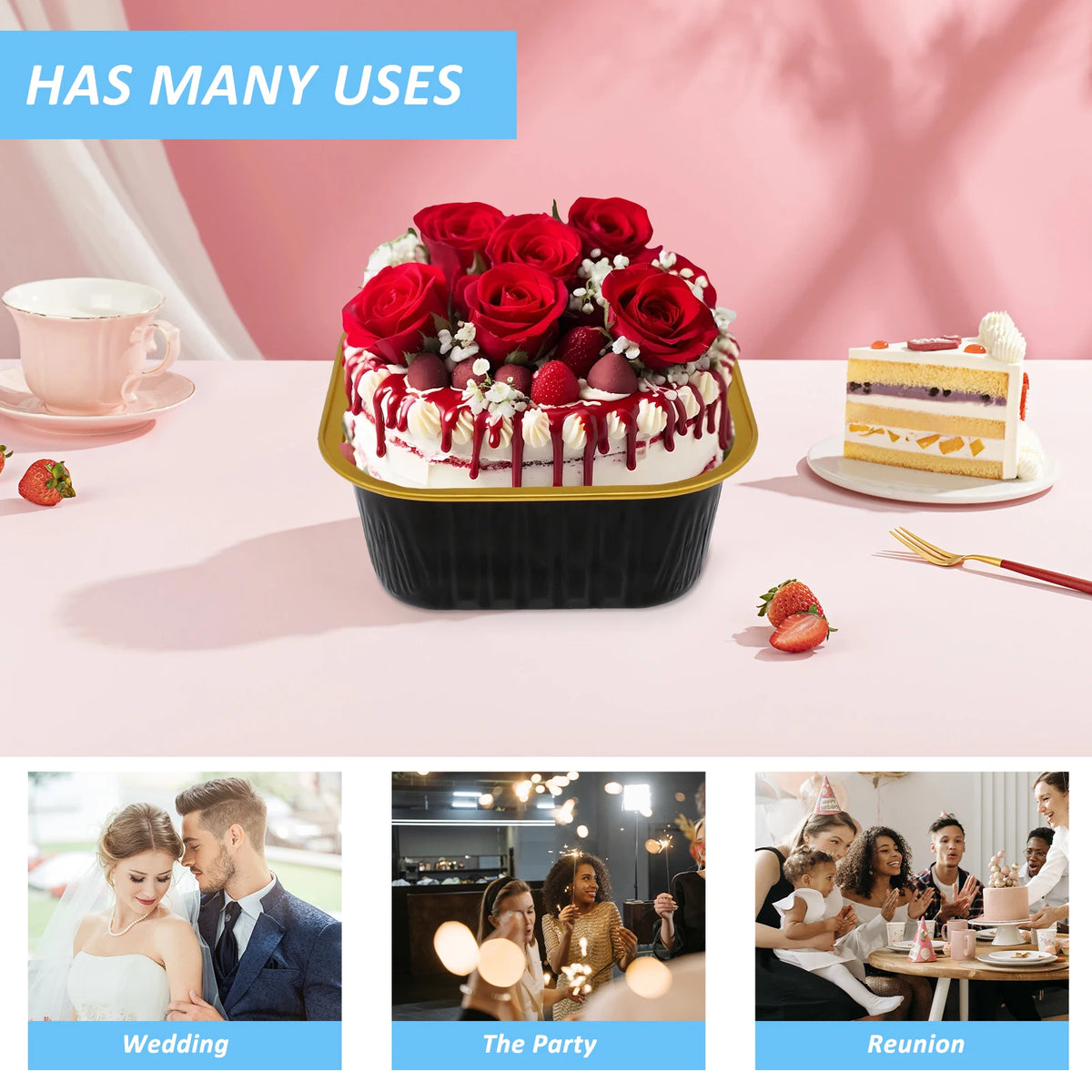 A cake decorated with red roses and berries is presented in a black baking cup on a pink table.