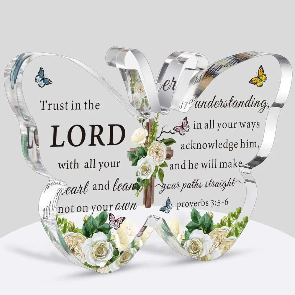 Clear acrylic butterfly shaped scripture decor featuring a Bible verse about trusting in the Lord
