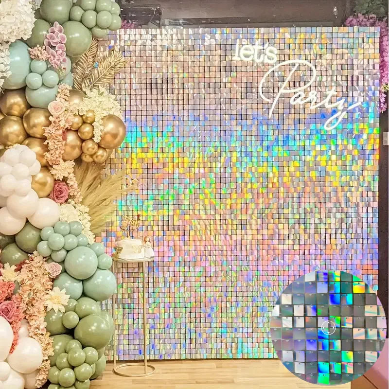 A vibrant glitter square wall backdrop featuring iridescent colors and a sparkly background for a party.
