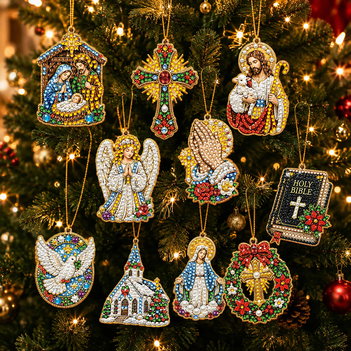 A close-up of Christmas diamond art ornaments hanging on a green fir tree.