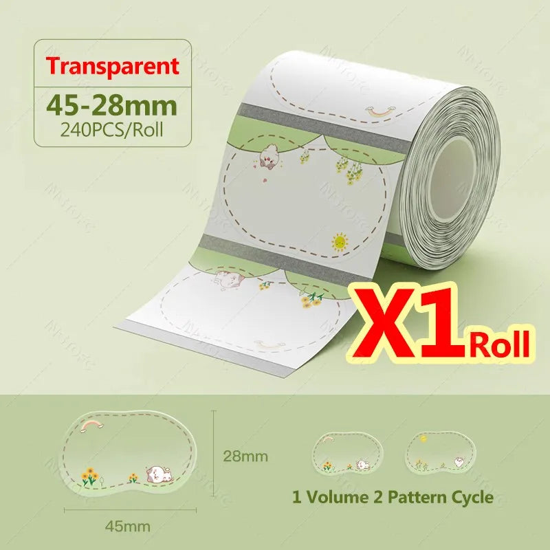 Roll of transparent thermal label paper, 45-28mm wide, for mini label printers.