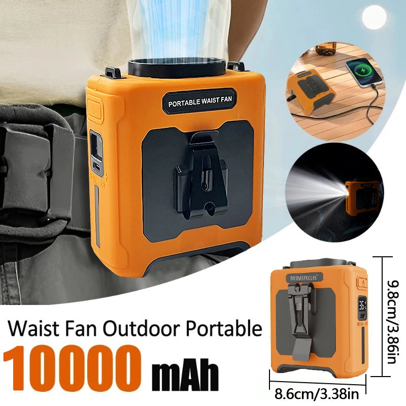 Orange portable waist fan with built-in flashlight shown in use.