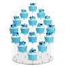A multi-tiered acrylic display rack holding twelve blue and gold themed cupcakes.