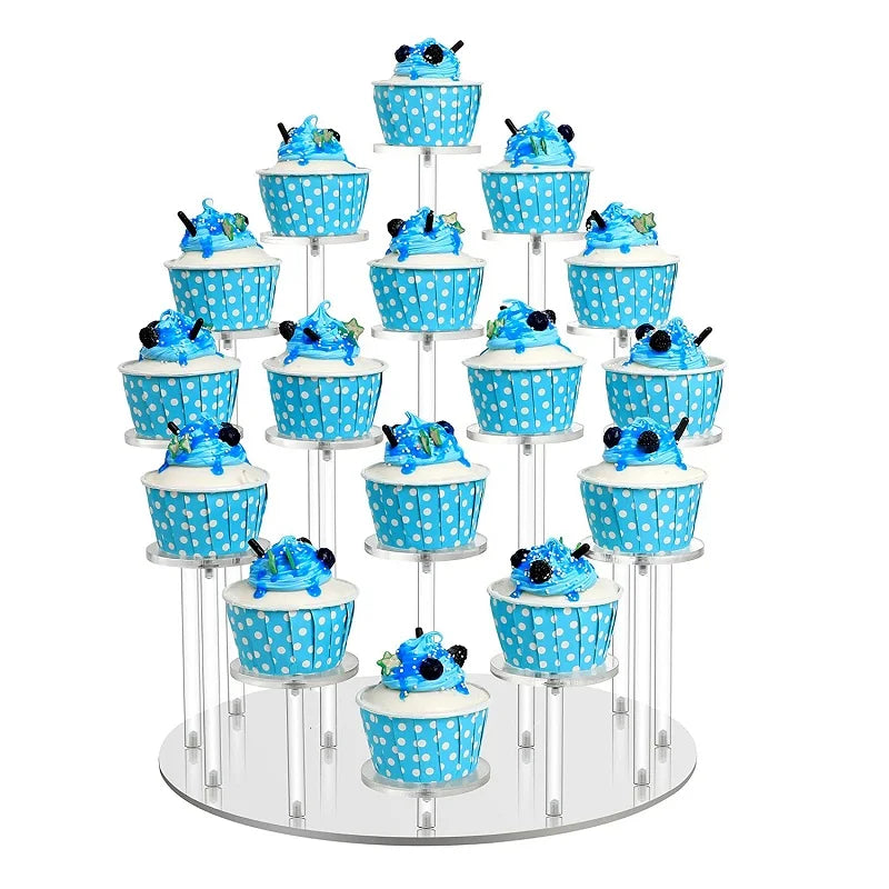A multi-tiered acrylic display rack holding twelve blue and gold themed cupcakes.