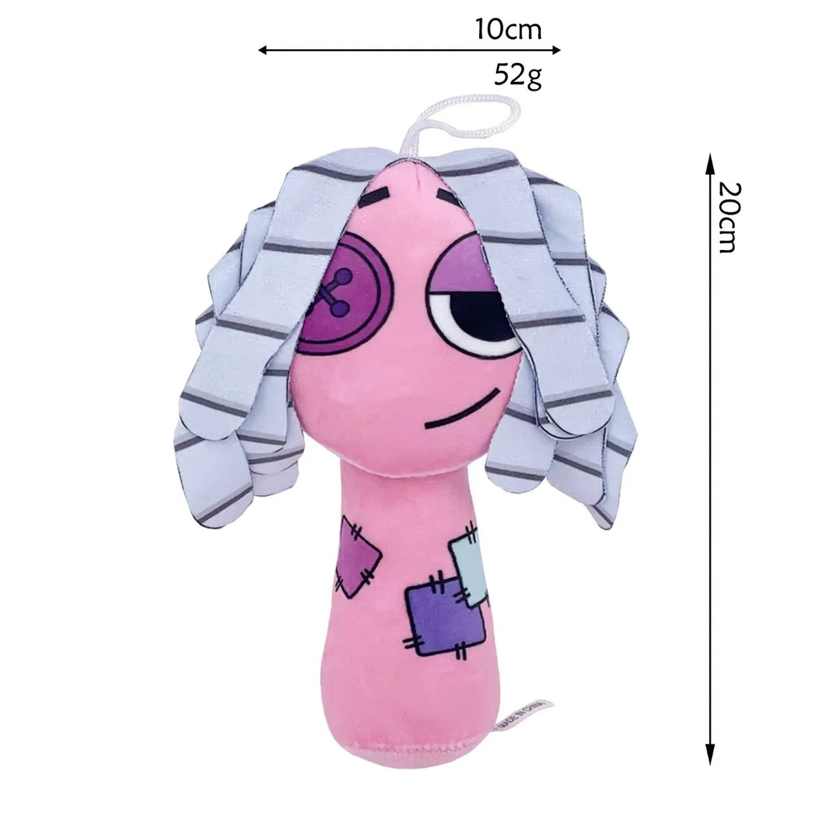 A pink plush toy with striped hair and colorful patches on its body.