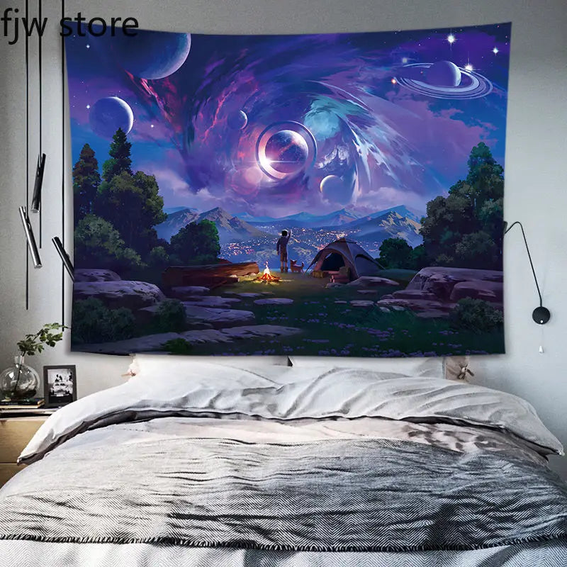 Lebendige kosmische Malerei mit violetten und blauen Nebeln, Planeten und einer Silhouette einer Person bei einem Lagerfeuer.