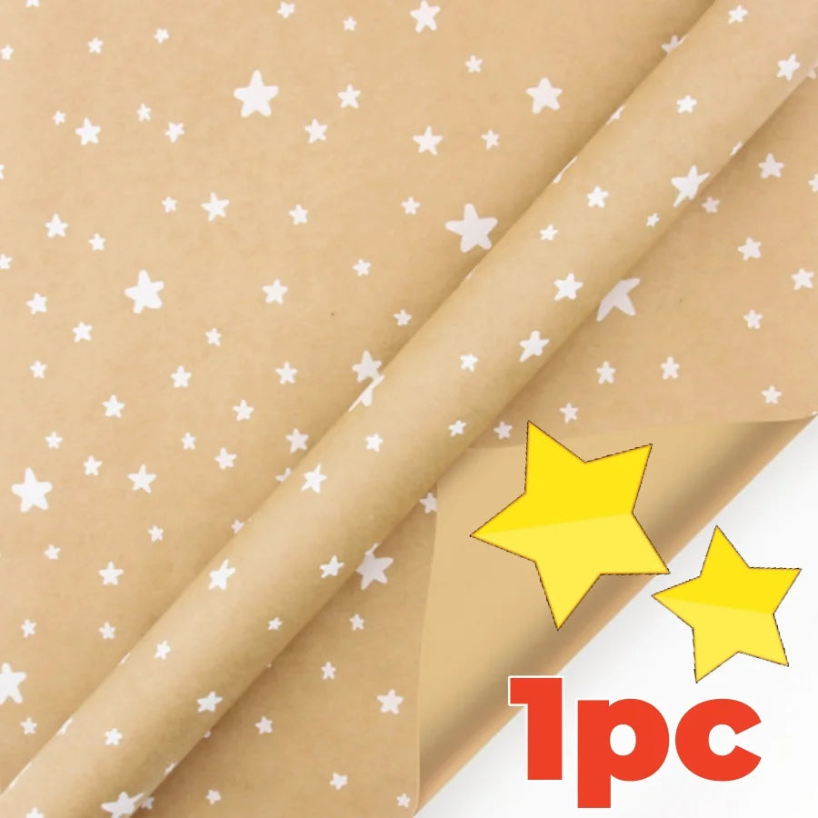 A roll of festive snowflake Christmas wrapping paper in a light brown color.