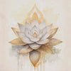 Watercolor painting of a white lotus flower with golden accents and a stylized Nordic Tree of Life design.