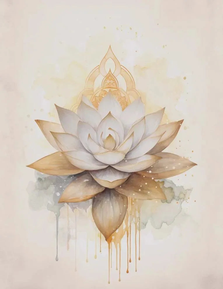 Watercolor painting of a white lotus flower with golden accents and a stylized Nordic Tree of Life design.