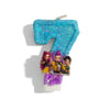 A sparkly blue number seven candle featuring illustrations of characters from a show