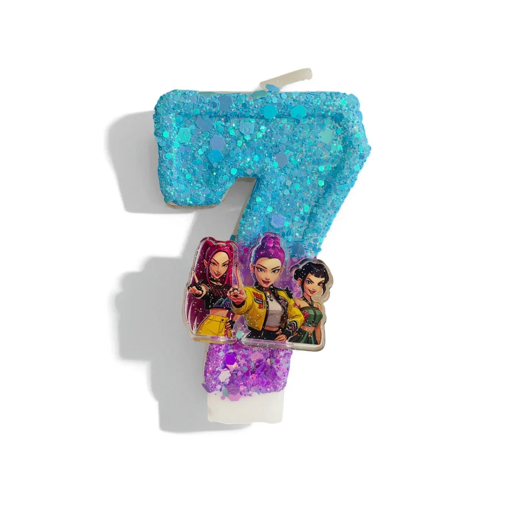 A sparkly blue number seven candle featuring illustrations of characters from a show