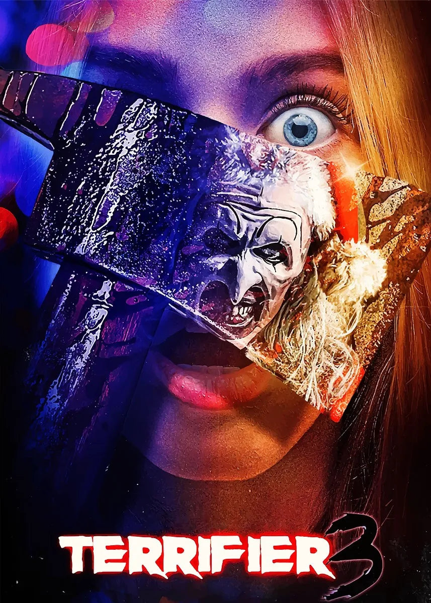A close-up of a woman's face partially obscured by a menacing knife, featuring a terrifying clown mask and intense blue eyes.
