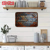 A vintage metal sign with the text Asylum for the Criminally Insane Family Entrance mounted on a wooden shelf.
