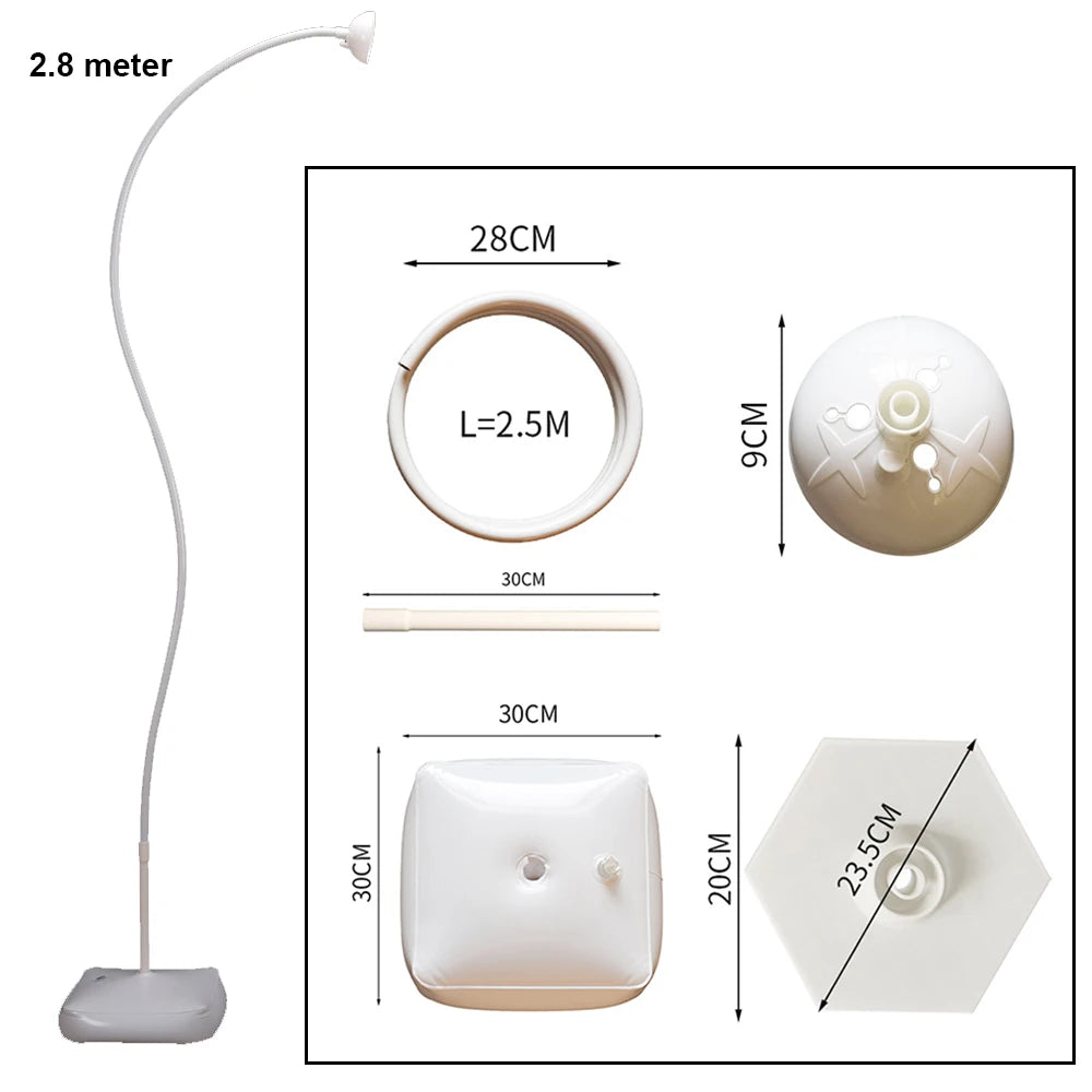 A white balloon arch kit with a stand, featuring a curved arch and decorative elements.